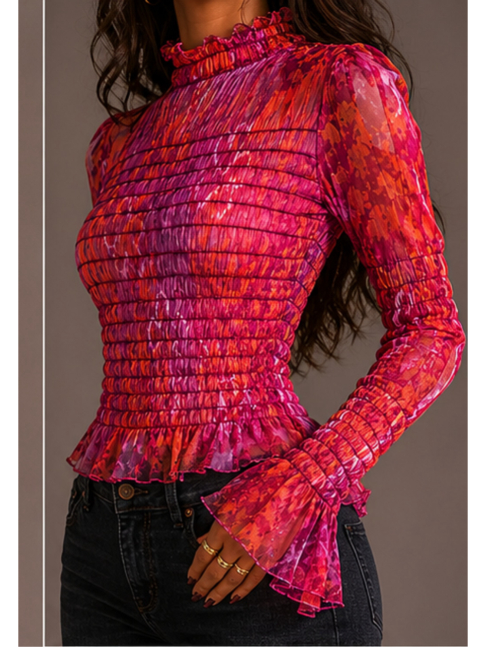 Free People Hello There floral mesh smocked top in a semi-sheer maroon Sz Small